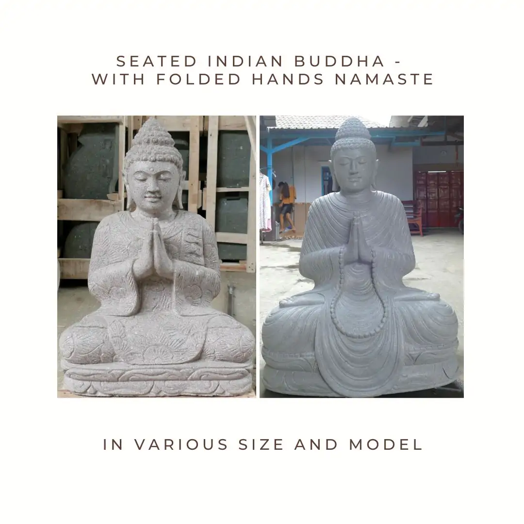 Product image 1 of the product “Seated Indian Buddha - with folded Hands Namaste, in the sizes from 60cm to 150cm. Regular cape and Flower pattern cape models, Natural finish ”